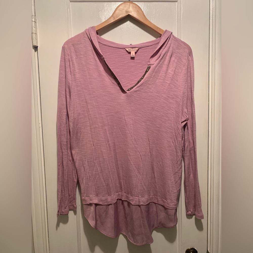 Juicy Couture Light Lavender Embellished V-Neck Tunic Lightweight Silky Hoodie L